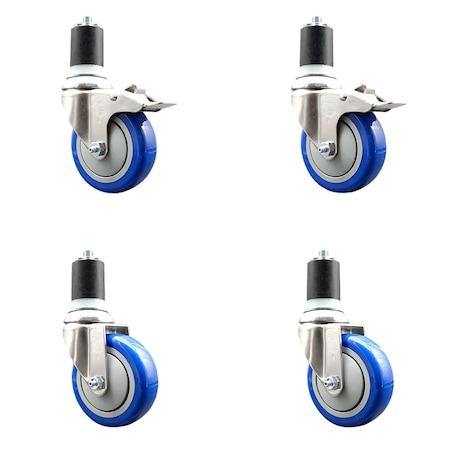 4 Inch 316SS Blue Poly Swivel 1-7/8 Inch Expanding Stem Caster Lock Brake, 2PK